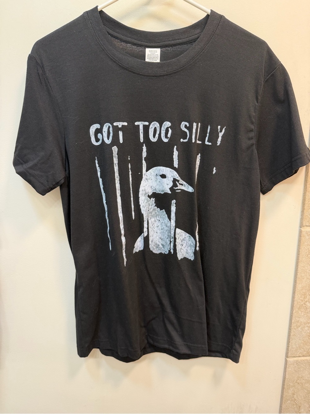 Women's Black Graphic Tee - "Got Too Silly" Goose Print